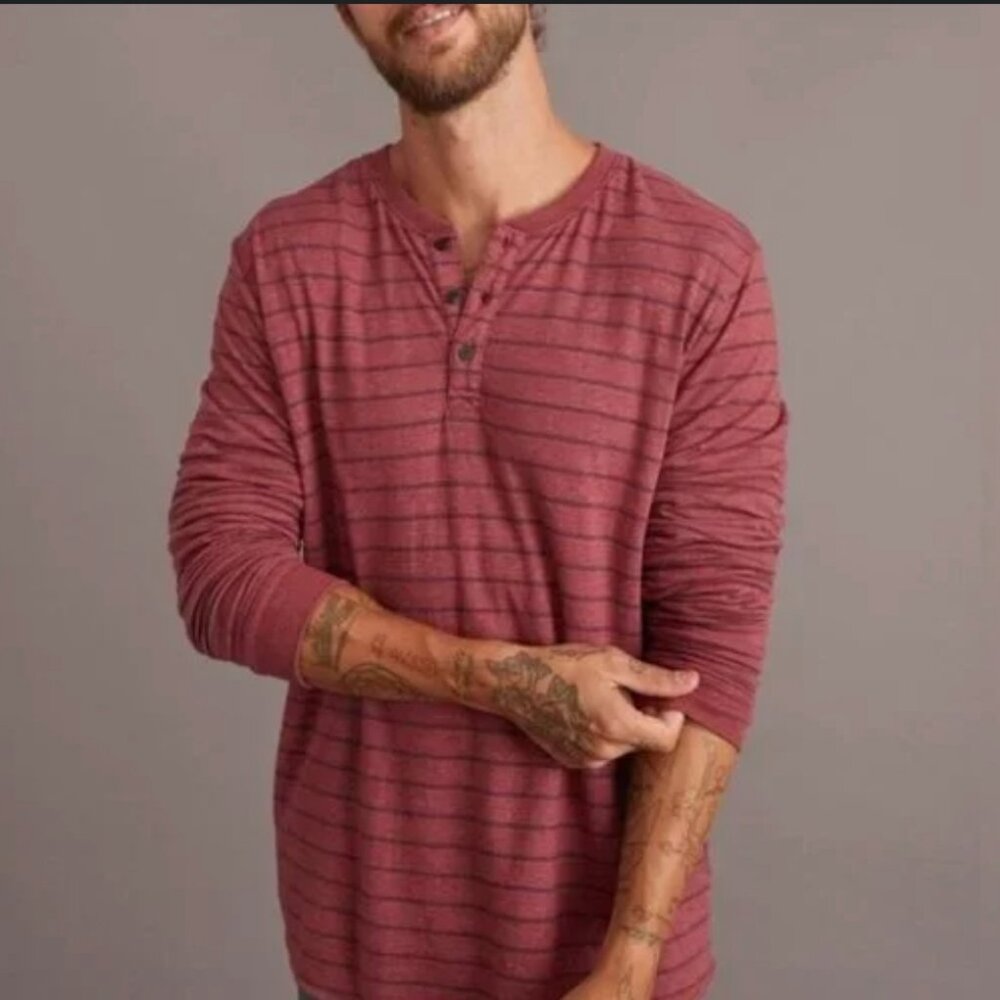 Marine Layer Mens M/L Double Knit Henley Long Sleeve Striped Pullover Shirt